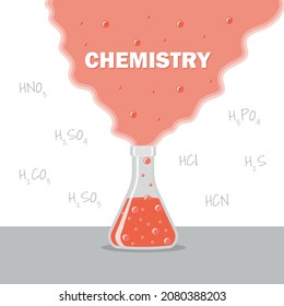 chemical laboratory flask with liquid and bubbles reaction in flask