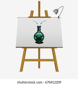 Chemical laboratory flask on easel. Hand drawn vector stock illustration