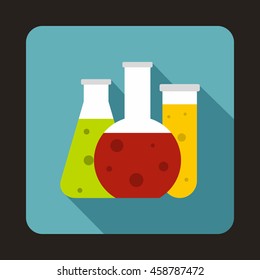 Chemical laboratory flasks icon in flat style on a baby blue background