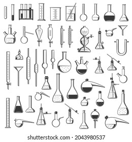 Chemical laboratory flasks, tubes and retorts, chemistry science vector equipment. Lab glassware and glass containers for medical research experiments, test tube stands, beakers, cylinders and burners