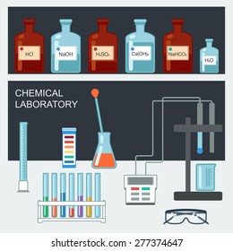 Chemical Laboratory. Flat design. Chemical glassware, measuring utensils, ion electrode, test pH paper. Vector illustration