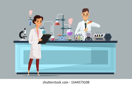 Chemical laboratory flat vector illustration. Male and female scientists, teacher and student in classroom cartoon characters. Chemists making experiments. Medical and scientific lab banner design