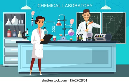 Chemical laboratory flat vector illustration. Male and female scientists, teacher and student in classroom cartoon characters. Chemists making experiments. Medical and scientific lab banner design