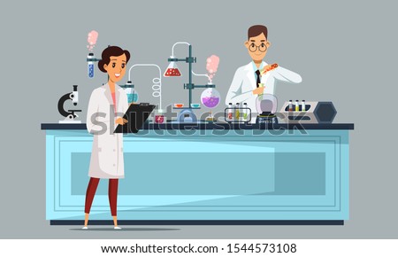 Chemical laboratory flat vector illustration. Male and female scientists, teacher and student in classroom cartoon characters. Chemists making experiments. Medical and scientific lab banner design