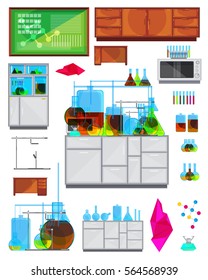 Chemical laboratory furniture bench and equipment front view images set with cabinets tubes liquids and furnace vector illustration