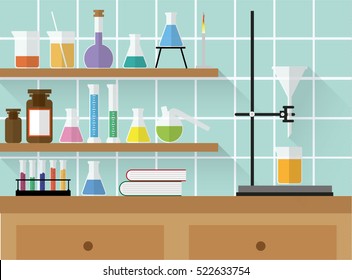 Chemical laboratory with glass and equipment. Flat vectors