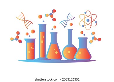 Composición química de LABORATORIO GLASSWARE con SÍMBOLOS CIENTÍFICOS. Máscaras, equipo de tubos de ensayo. Ilustración VECTOR plano. Ciencia, lección de química, prueba de laboratorio. EPS 10.