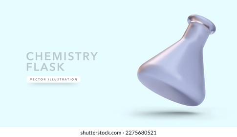 Chemical laboratory glassware, empty Erlenmeyer flask in 3d realistic style with shadow. Vector illustration