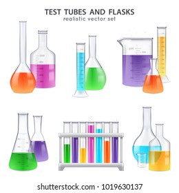 Chemical laboratory glassware equipment realistic set of test tubes flasks bottles retorts with colorful reagents isolated vector illustration 