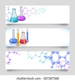 Chemical laboratory glassware flasks and tubes banner set with molecular background vector illustration