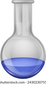 Cristalería de laboratorio químico. Matraz transparente con líquido azul. Equipo para laboratorio químico realista. Vidrio para laboratorio de ciencia médica o farmacéutica. Envase de prueba. Ilustración de vector