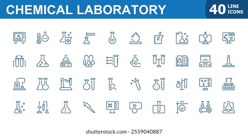 Chemical Laboratory icon collection. Related to chemistry experiment, laboratory equipment, science research, beaker and flask. Editable stroke. Vector illustration.