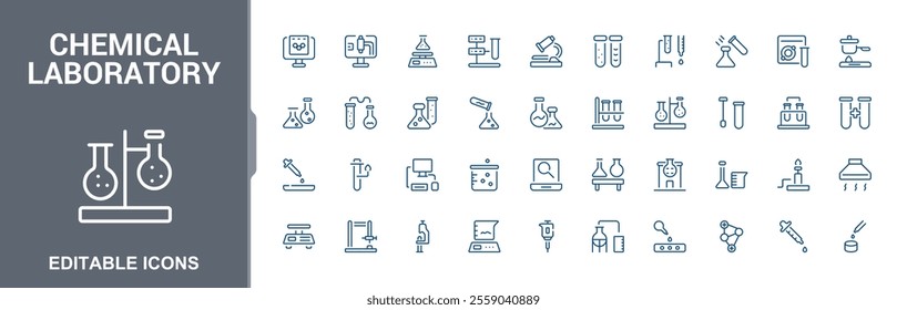 Chemical Laboratory icon collection. Related to chemistry experiment, laboratory equipment, science research, beaker and flask. Editable stroke. Vector illustration.