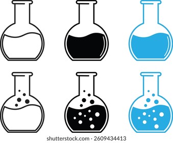 Chemical laboratory icon set. Chemical flask, beaker, test tube vector symbol isolated on transparent background. Ideal for science, chemistry, and research-themed projects. Vector illustration.