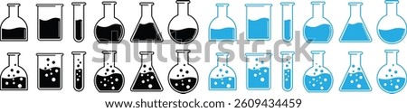 Chemical laboratory icon set. Chemical flask, beaker, test tube vector symbol isolated on transparent background. Ideal for science, chemistry, and research-themed projects. Vector illustration.