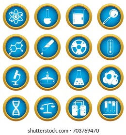Chemical laboratory icons blue circle set isolated on white for digital marketing