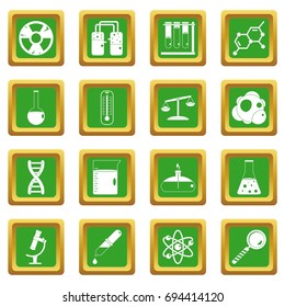 Chemical laboratory icons set in green color isolated vector illustration for web and any design