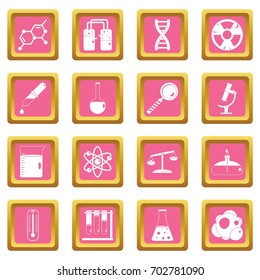 Chemical laboratory icons set in pink color isolated vector illustration for web and any design