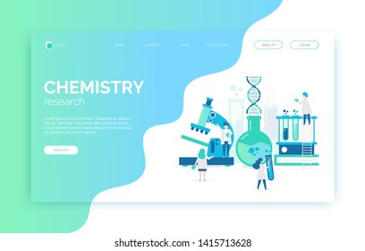 Chemical laboratory illustration with scientists, microscope, tubes, dna, researches. Banner, background for presentation, landing page, web site, ui ux template