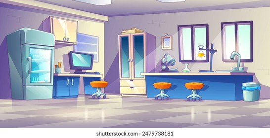 Chemical laboratory interior. Contemporary vector cartoon illustration of modern scientific lab with equipment, color liquid in glass tubes, microscope and computer on desk, daylight in windows