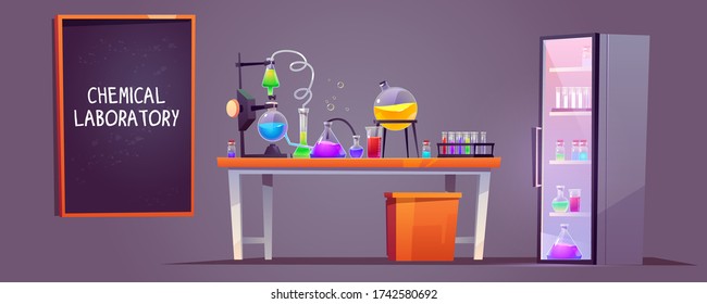 Chemical laboratory interior with glass flasks, tubes and beakers on table, blackboard on wall. Vector cartoon illustration of lab room with equipment for science research or medical test