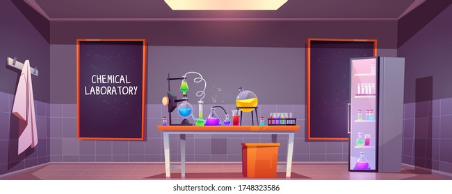 Chemical laboratory interior with glass flasks, tubes and beakers on table, blackboard on wall. Vector cartoon illustration of lab room with equipment for science research or medical test