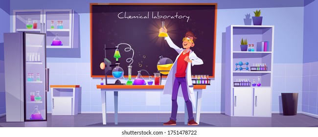 Chemical laboratory interior with scientific equipment, glass flasks, tubes and beakers, blackboard on wall. Vector cartoon illustration with chemist doing science research or medical test in lab