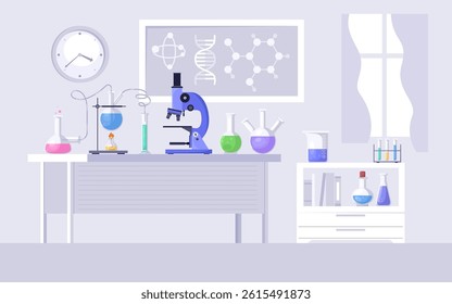 Chemical laboratory interior. Table with laboratory flasks, microscope. Vector illustration in a flat style