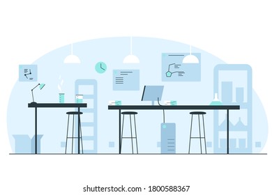 Chemical laboratory interior. Vector concept illustration of a science lab interior with desks, chairs, tubes, flasks, computer, scientific posters and infographics. Concept of biology vaccine research
