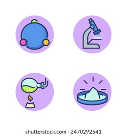 Chemical laboratory line icon set. Petri dish with reagent, three chained atoms, microscope, heating flask with liquid. Chemical experiments concept. Vector illustration for web design and apps