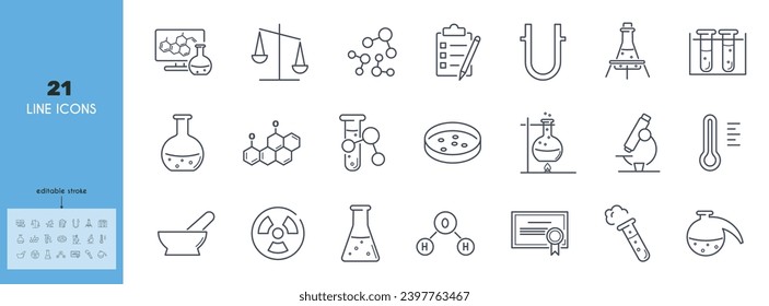 Icons für chemische Laboratorien gesetzt. Flasche, Mörtel, Pestle, Waage, Molekül, Reagenzglas, Flasche, Retorte, Brenner, Flamme, Zertifikat, Petrischale Vektorgrafik. Bearbeitbarer Hub