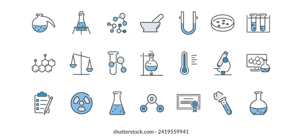 Chemical Laboratory line icons set. Flask, mortar, pestle, scale, molecule, test tube, flask, retort, burner, flame, certificate, petri dish vector illustration in gray and blue. Editable stroke