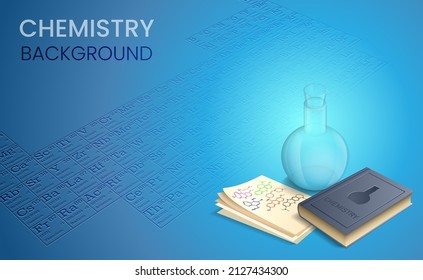 Chemical laboratory with periodic table. Vector illustration of a minimal set of 3D images of chemistry subjects. Background for the presentation.