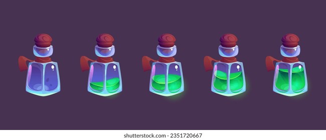 Chemical laboratory potion bottle for game app animation. Alchemist flask for fluid elixir or antidote empty and filling sprite sheet. Fantasy alchemy illustration asset set for wizard rpg interface