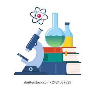 Chemische Laborforschung. Chemische Laborgeräte und Bücher. Laboruntersuchungen, Tests, Chemiestudien. Vektorgrafik