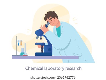 Chemische Laborforschung. Der Mensch untersucht Zellen unter dem Mikroskop. Experimente, Wissenschaft. Arzt auf der Suche nach neuen Medikamenten, Bekämpfung von Viren, moderne Technologie. Cartoon-Flavektor-Vektorgrafik