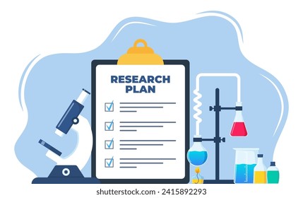 Chemical laboratory research plan on clipboard with checklist. Chemical Laboratory with different glass flasks, vials. Lab research, testing, studies in chemistry. Vector illustration