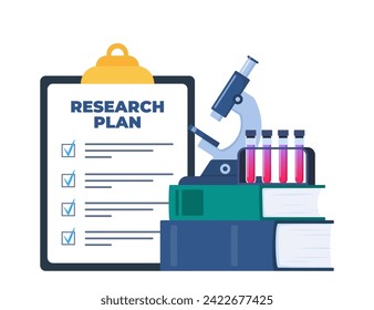 Chemical laboratory research plan on clipboard with checklist. Chemical Laboratory equipment and books. Lab research, testing, studies in chemistry. Vector illustration