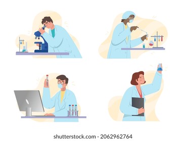 Chemical laboratory research set. Collection of images on which people conduct experiments. Students, doctors, researchers, medicine. Cartoon flat vector illustrations isolated on white background