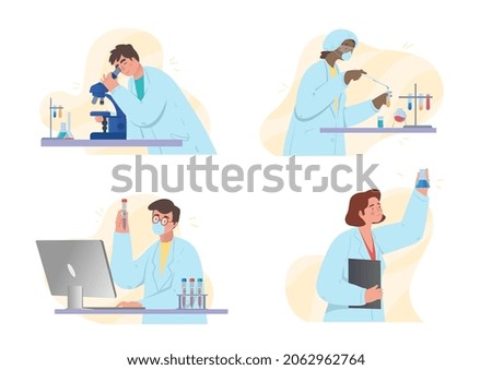 Chemical laboratory research set. Collection of images on which people conduct experiments. Students, doctors, researchers, medicine. Cartoon flat vector illustrations isolated on white background