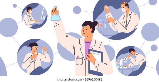 Chemical laboratory research. Vaccine discovery concept. Scientists with flasks, microscope and computer working on antiviral treatment development. Vector illustration in flat cartoon style - Shutterstock ID 1696150492