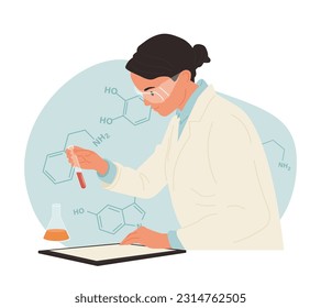 Chemical laboratory research. Vaccine discovery concept. Scientists with flasks, microscope and computer working on antiviral treatment development. Vector illustration in flat cartoon style