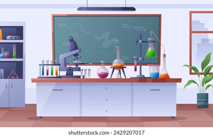 Chemical Laboratory room. Vector set of glassware with chemical reagents equipment, microscope, glass tubes, beakers and pipeline, burner. Chemical scientific experiments with physics reaction