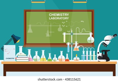 Chemical laboratory Science lesson with microscope technology,Science, education, chemistry, experiment, laboratory concept, vector illustration.