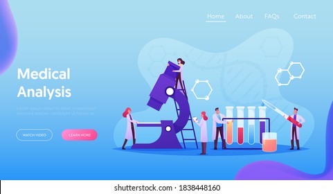 Chemical Laboratory, Science, Pharmaceutical Research Landing Page Template. Medic Characters Conduct Medical Analysis with Equipment Microscope and Glass Flasks. Cartoon People Vector Illustration