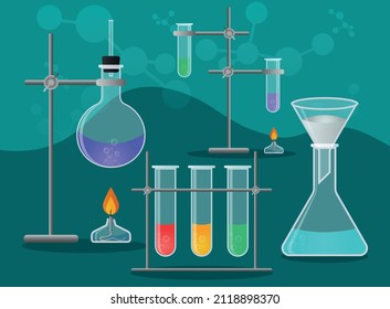 Chemical laboratory. Science research. Test tubes and flasks. Filtration, heating. Chemical reaction. Beaker with chemicals.laboratory glass equipment, test tubes and flask. Lab glassware.