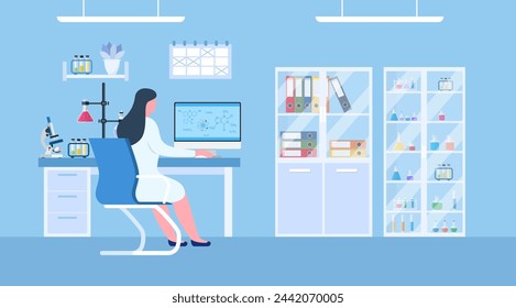 Chemical laboratory science and technology coronavirus 2019-nCoV. Scientists workplace concept. Science, education, chemistry, experiment, laboratory concept. vector illustration in flat design