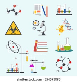 Chemical laboratory science and technology flat style design vector illustration icons. Workplace tools icon. 