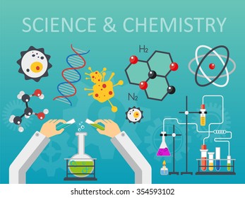 Chemical laboratory science and technology flat style design vector illustration. Scientists hands workplace concept. 