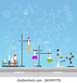 Chemical laboratory science and technology flat style design vector illustration. Workplace tools concept with formulas.